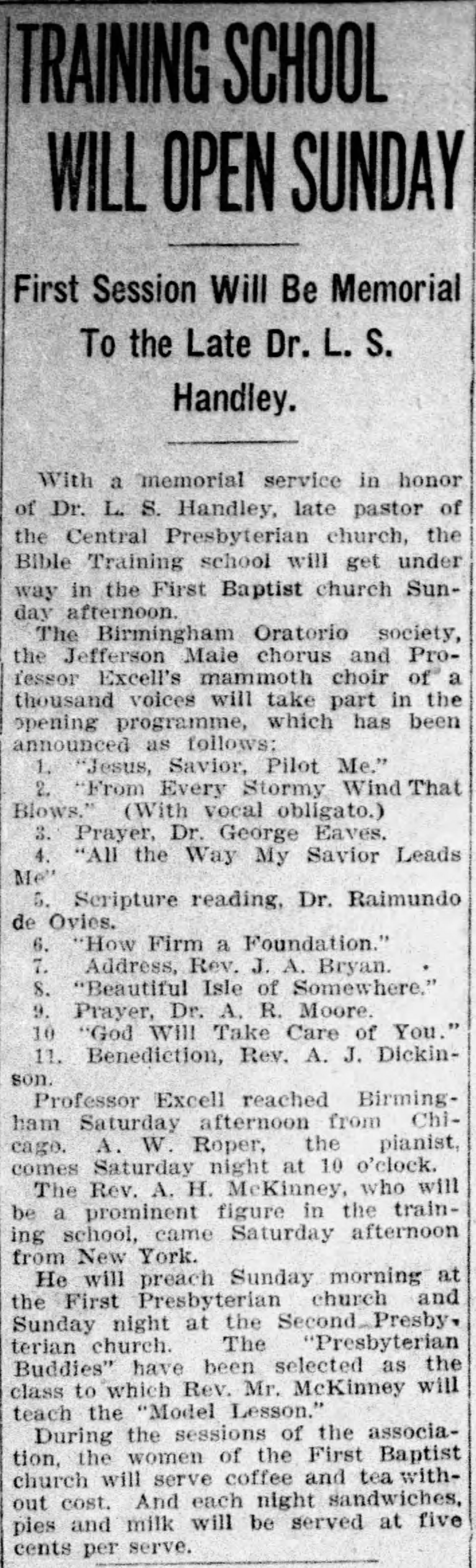 Training School To Open Sunday